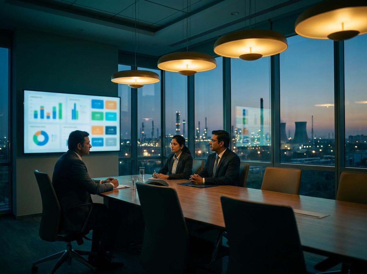 Executives reviewing portfolio dashboards in an energy-company boardroom