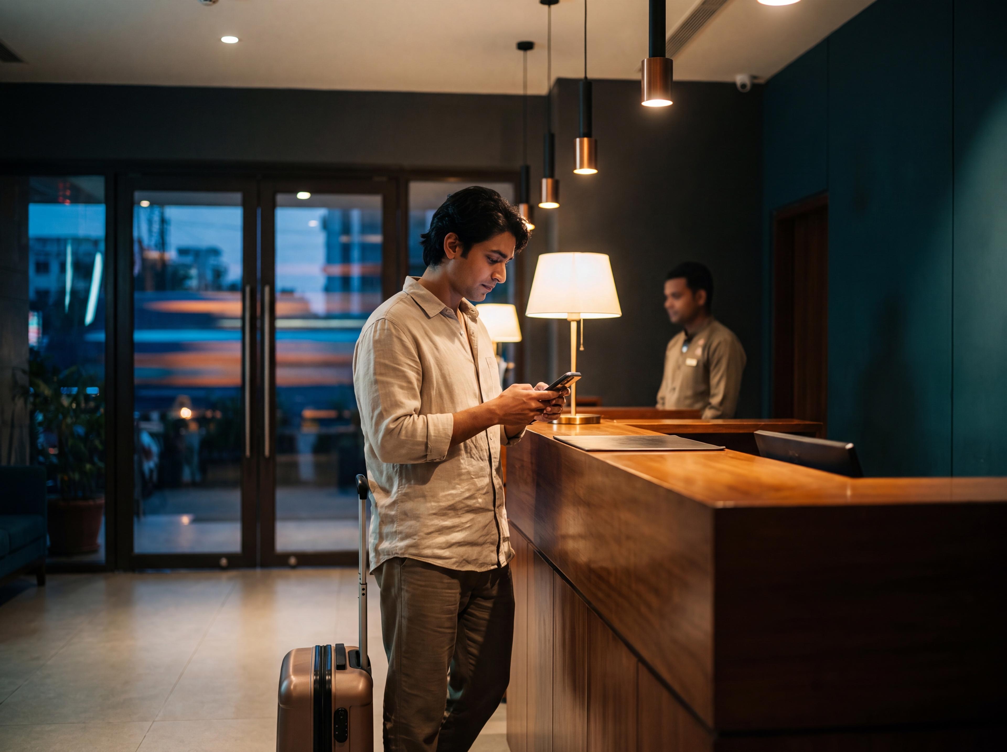 A guest checking in on their phone in a modern hotel lobby
