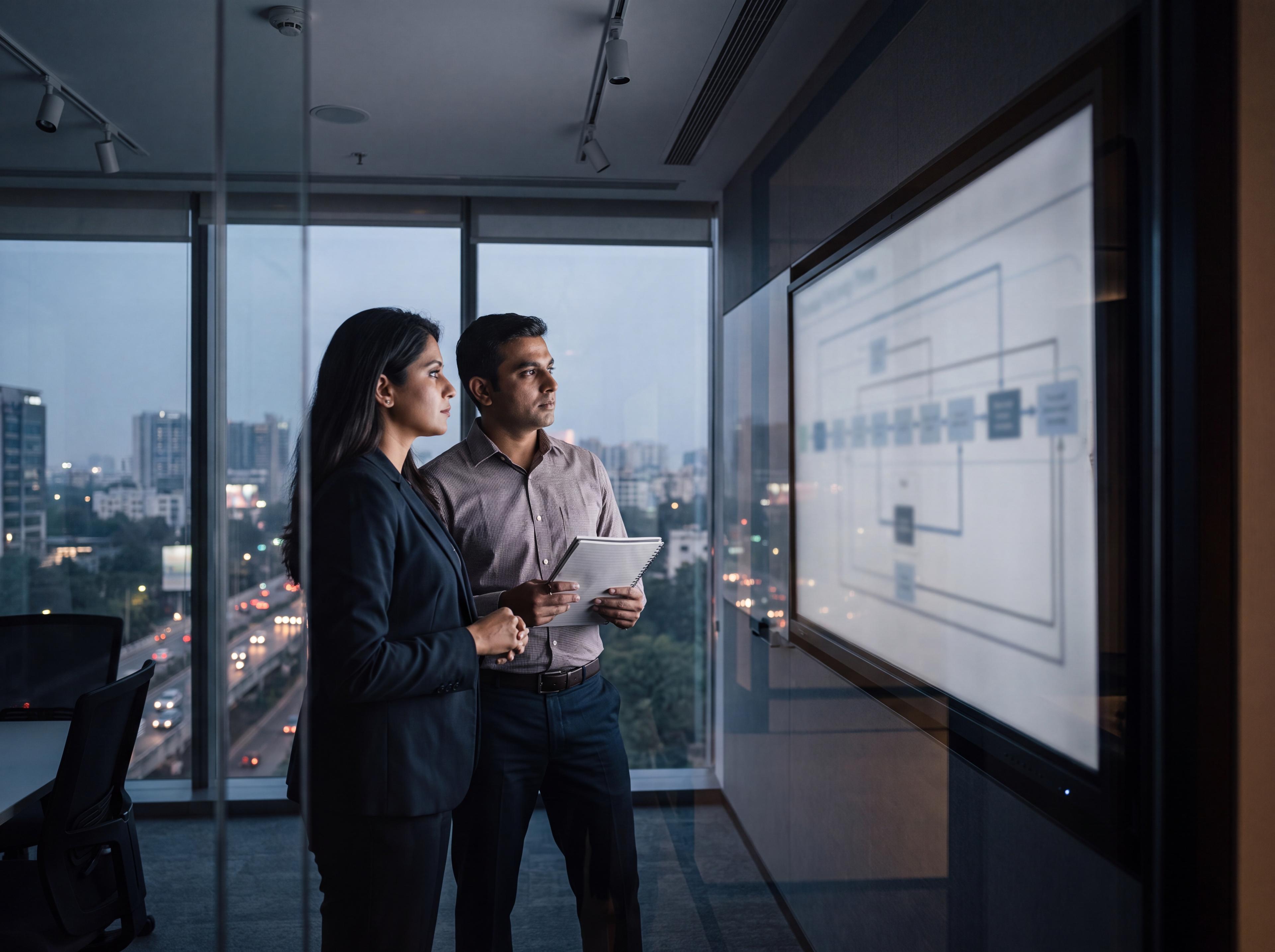 Stakeholders reviewing a process diagram in a glass meeting room