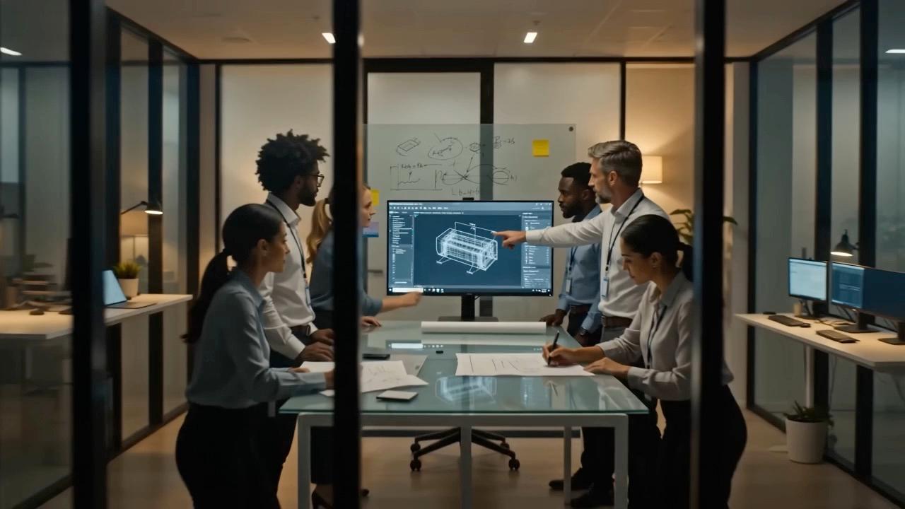 A team reviewing a 3D model on screen in a glass-walled office