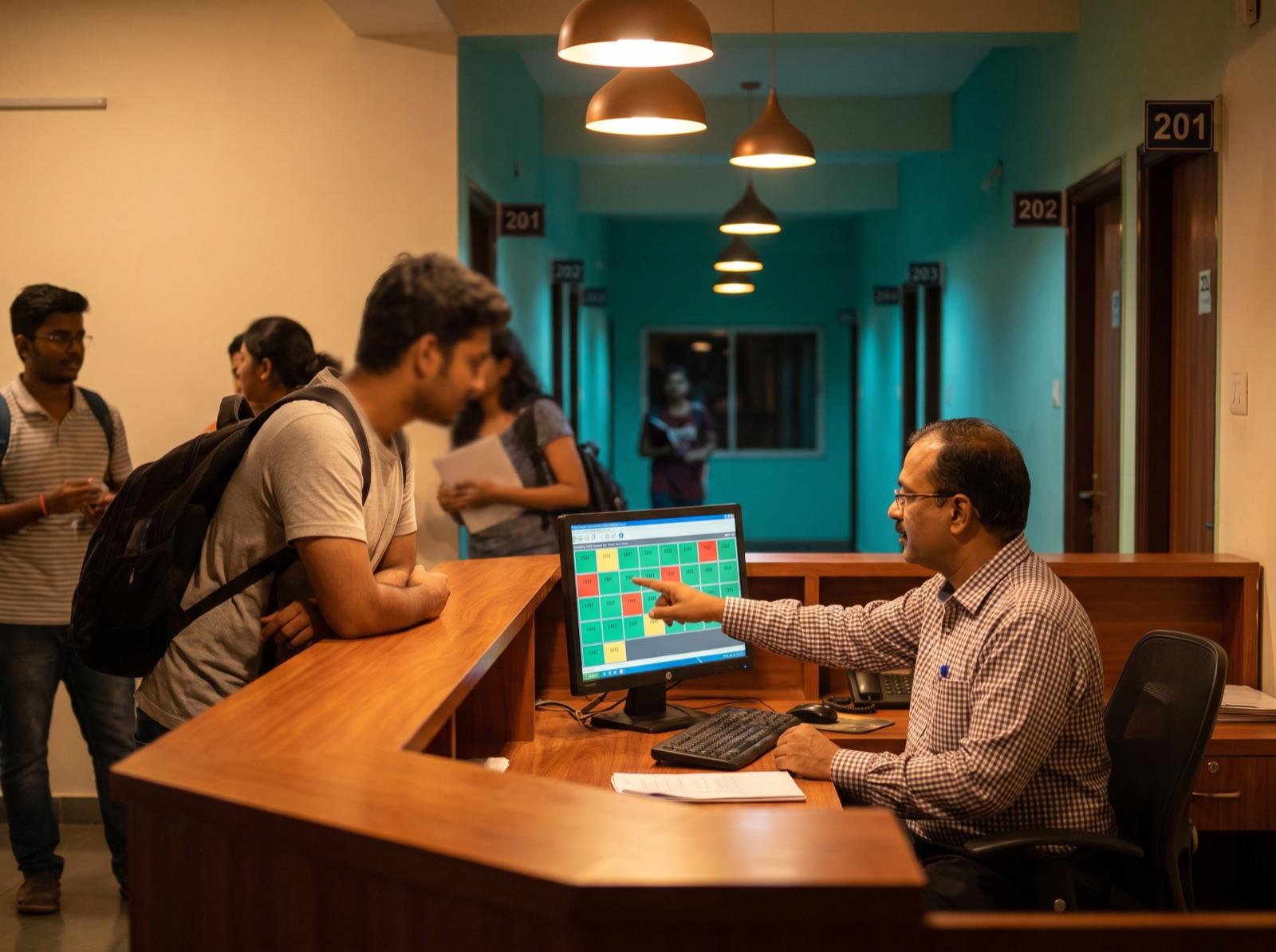 A hostel warden at a reception desk allocating rooms on screen