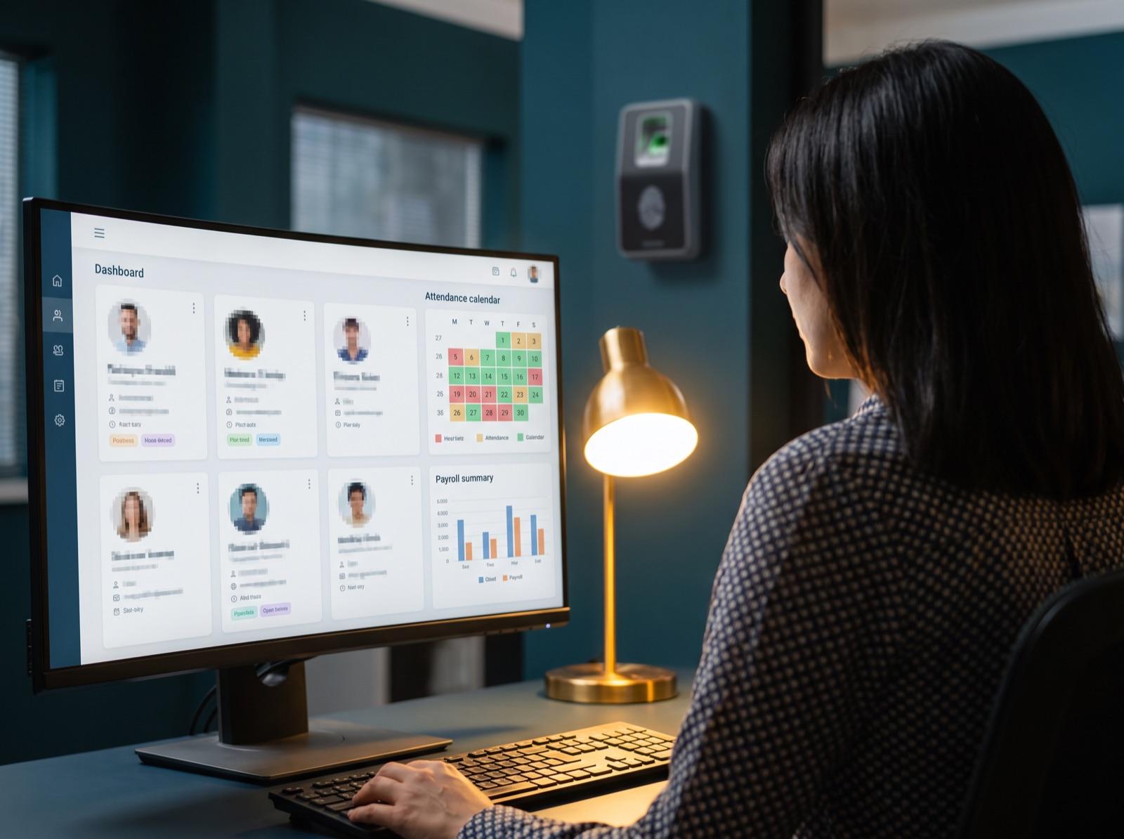 An HR manager reviewing an attendance and payroll dashboard